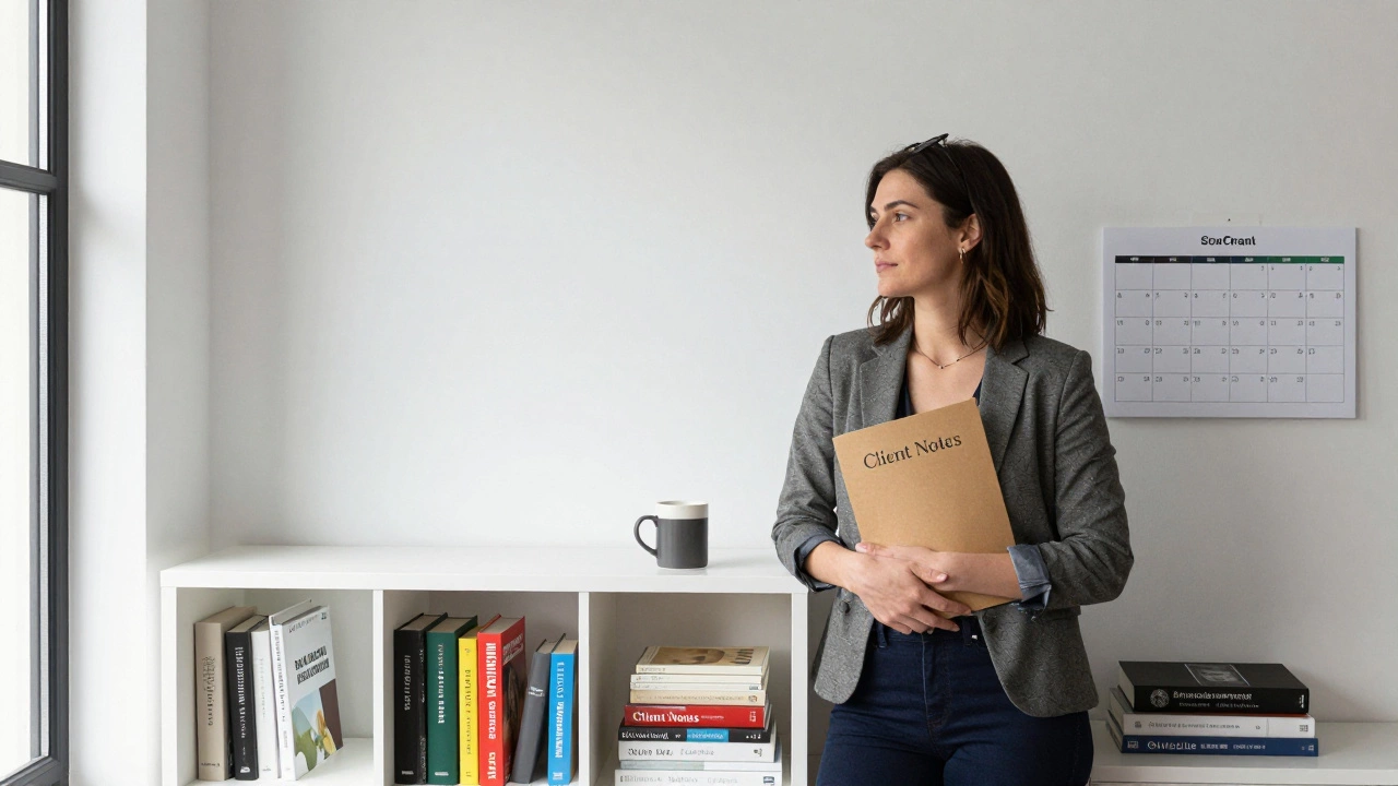 A professional woman in a London apartment stands beside a bookshelf, holding client notes in a calm, well-lit room.