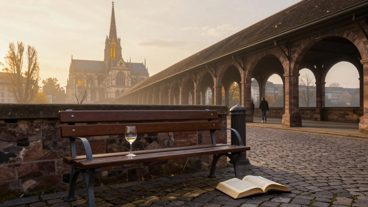 An empty bench by the Ponts Couverts with a glass of wine and open book, cathedral spire glowing in autumn mist.