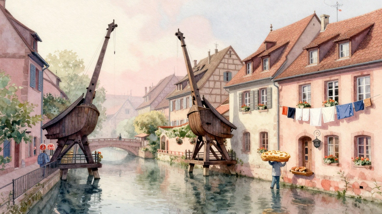 Petite France at dawn with wooden cranes, laundry drying between medieval windows, and a local carrying tarte flambée.
