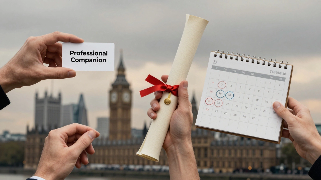 Symbolic hands holding a business card, diploma, and calendar, floating above a blurred London skyline at dusk.